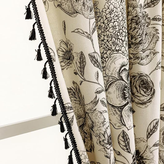 F-CHU Bohemian Curtains for Bedroom 72 Inch Length French Country Floral Drapes Farmhouse Rustic Window Curtain Panels for Bedroom Chic Cotton Linen Blend Toile Curtain，1 Panel