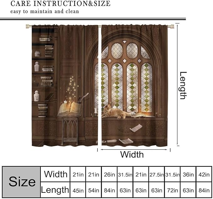 Gothic Medieval Library Blackout Curtains, Mid Century Study Cat Print Pattern Window Drapes, for Living Room Bedroom 31.5(W)*63(L) 2 Panels
