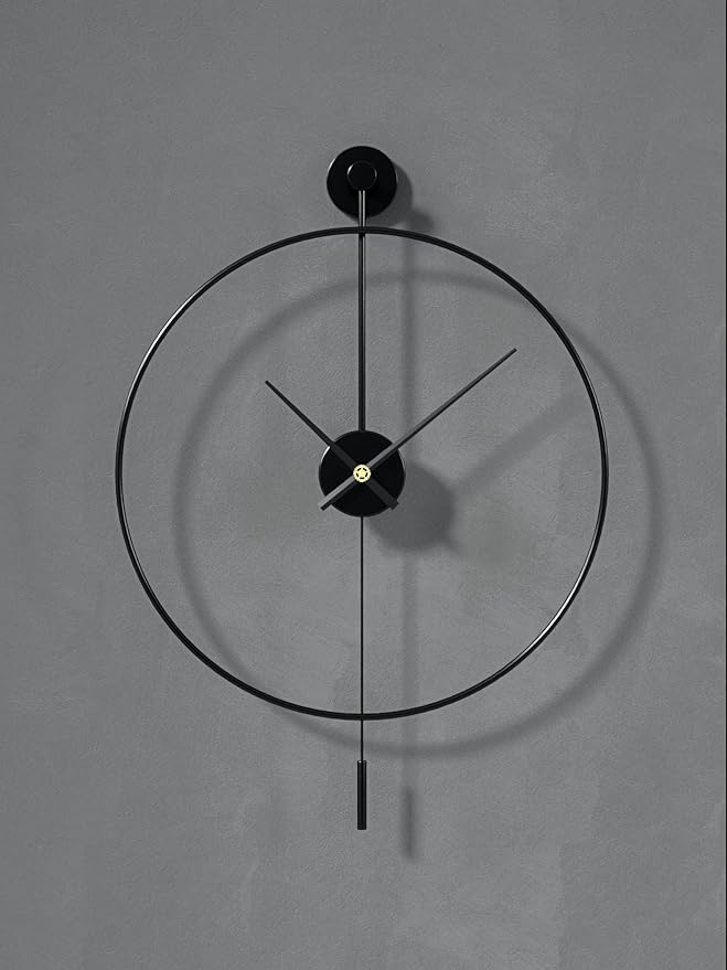 SHISEDECO Classical Large Modern Round Minimalist Wall Clock with Swing Pendulum, Non-Ticking Silent Metal Decorative Creative Art Clocks for Home, Living Room, Bedroom, Study, Office (24", Black)
