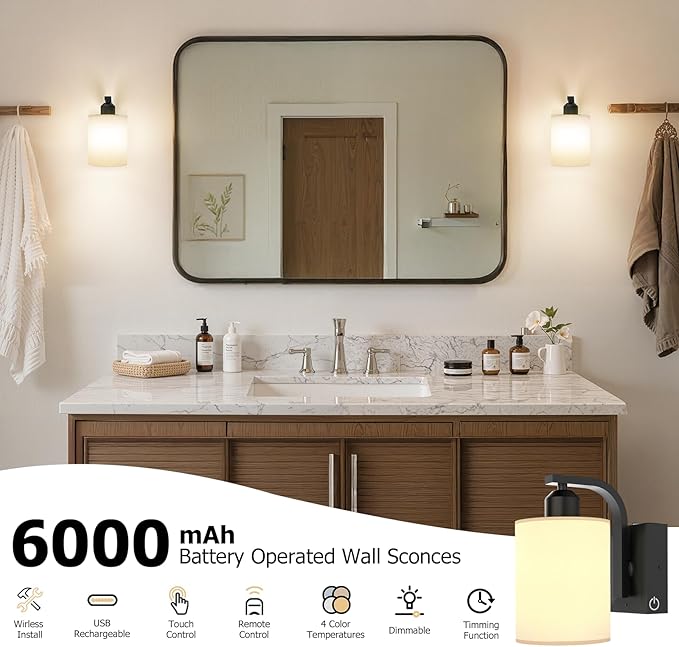 Wall Sconce Battery Operated Set of 2, 6000mAh Rechargeable Wall Lights with Touch Control and Remote Control, Wireless Wall Lamps for Bedroom, Black Sconces Wall Decor for Living Room Hallway
