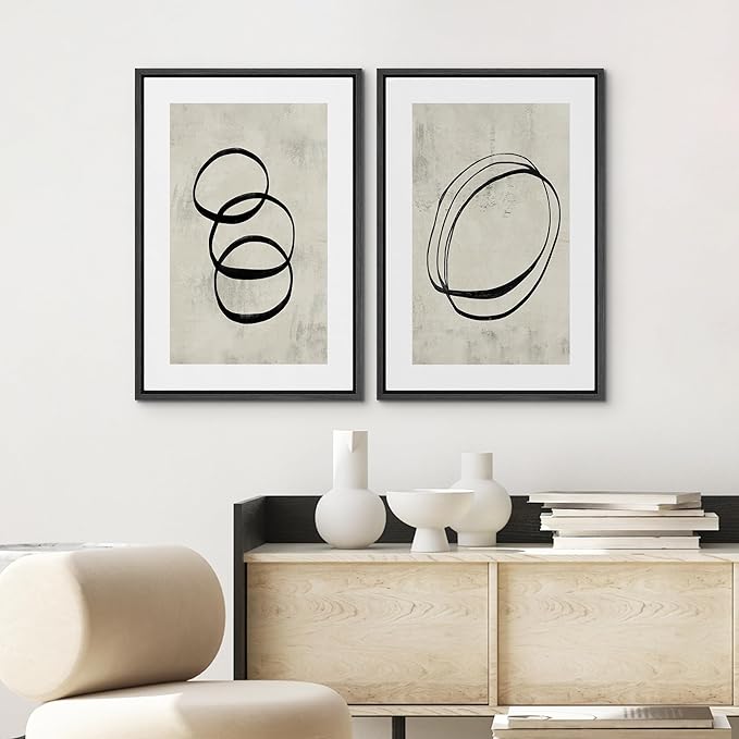 SIGNWIN Framed Canvas Print Wall Art Set Black Tan Ring Spiral Collage Abstract Shapes Cozy Neutral Modern Art Decorative Nordic Multicolor for Living Room, Bedroom, Office - 24"x36"x2 Black