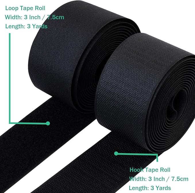 3 Inch Sew on Hook and Loop Strips | Easy to Sew | Excellent Grip | Non-Adhesive Back Nylon Fabric Fastener Strips for Clothing Sewing Crafts and DIY Projects, Black, 3in x 3yd