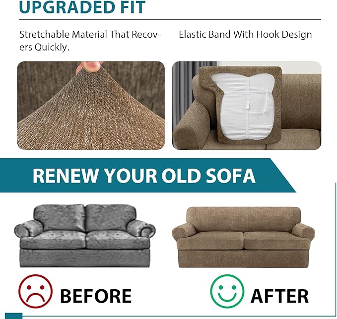 3 Piece T Cushion Sofa Slipcovers Stretch Couch Cover Furniture Covers with 2 Individual T Cushion Covers, Machine Washable for Living Room (Brown, 2 Cushions)