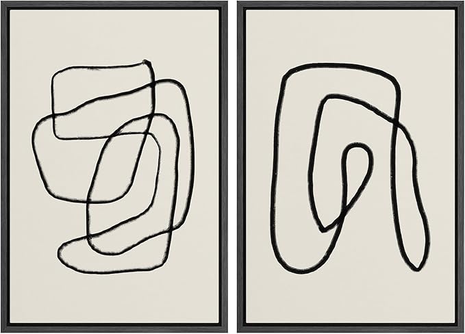 SIGNWIN Framed Wall Art Print Set Black Lines Over Tan Plain Background Abstract Swirly Cozy Neutral Modern Art Mid-Century Modern Expressive for Living Room, Bedroom, Office - 24"x36"x2 Black