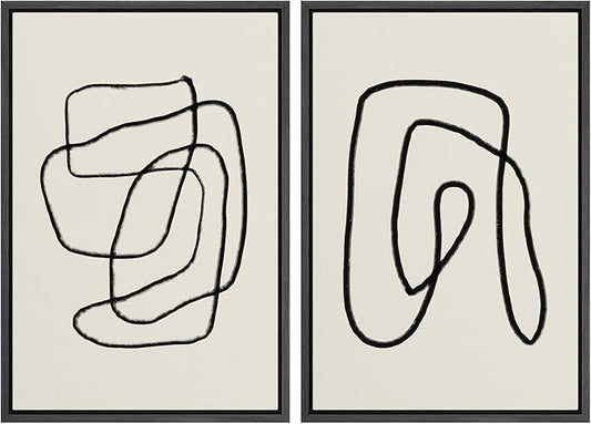 SIGNWIN Framed Wall Art Print Set Black Lines Over Tan Plain Background Abstract Swirly Cozy Neutral Modern Art Mid-Century Modern Expressive for Living Room, Bedroom, Office - 24"x36"x2 Black