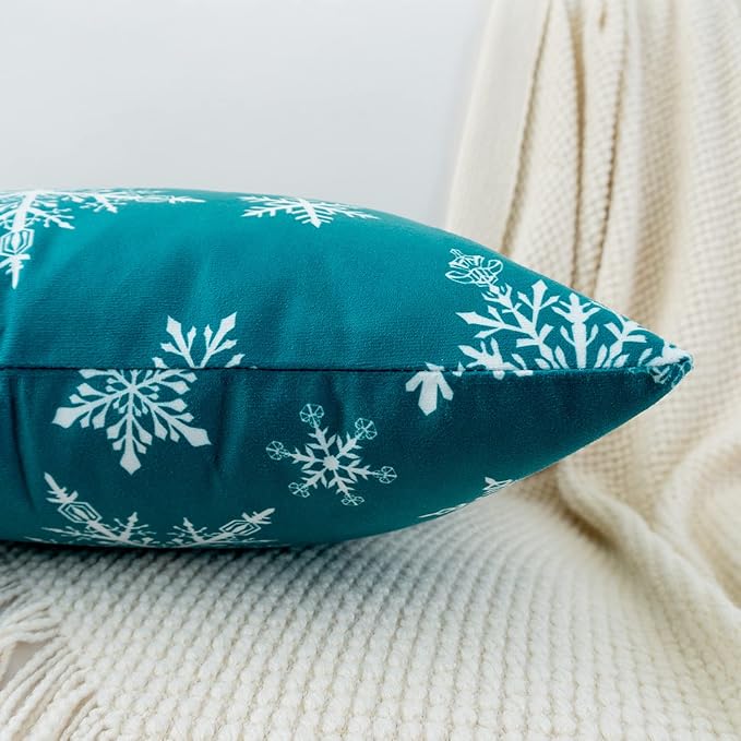 HWY 50 Teal Decorative Throw Pillow Covers 16x16 Inch for Couch Sofa Living Room Bed, Soft Christmas Big and Small Snowflakes Print Throw Pillows Cases Set Cushion Cover Pack of 2