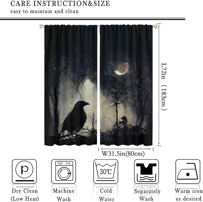Gothic Halloween Crow Blackout Window Curtains, Black Birds Crow Crow Black Dark Decor Window Drapes, for Home Bedroom Living Room 31.5(W)*72(L) 2 Panels