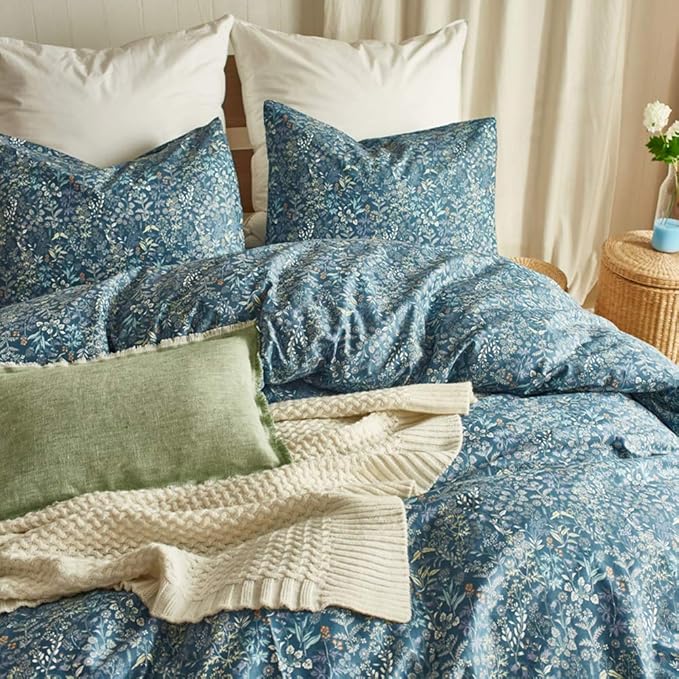 mixinni Floral Duvet Cover Queen Flower Pattern Blue Duvet Cover Set Garden Style Bedding Comforter Cover Set with Zipper Closure-Luxury Quality Soft Durable Easy Care (3pcs, Queen/Full Size)