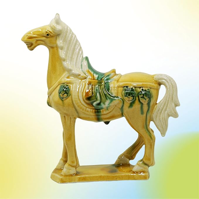 Handmade -Tang Dynasty Tri-Color Horse Sculpture Ceramic Horse-19cm Cultural Art Piece for Home,Bookcase or Office Decor (Yellow)