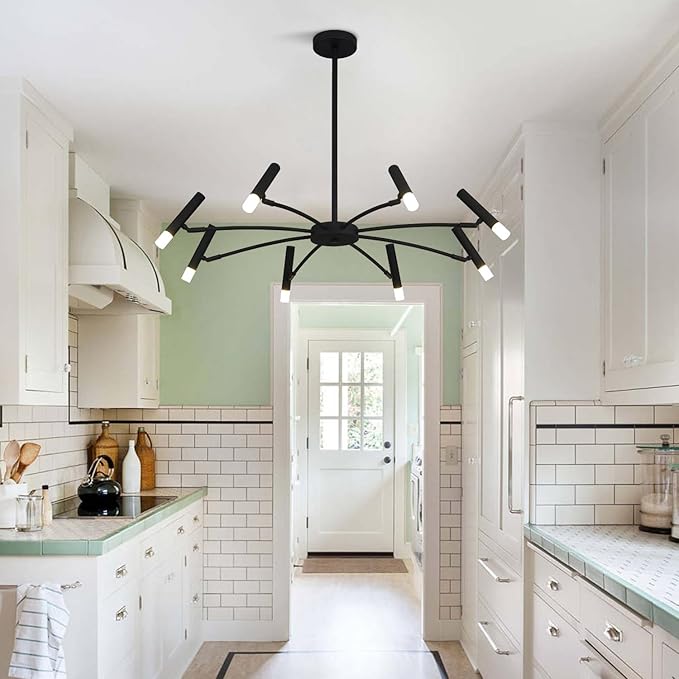 KCO Lighting 8 Light Black Metal Light Fixture Modern Foyer Chandelier Lighting Mid Century Industrial Sputnik Chandeliers Contemporary High Ceiling Chandelier Lights for Dining Room