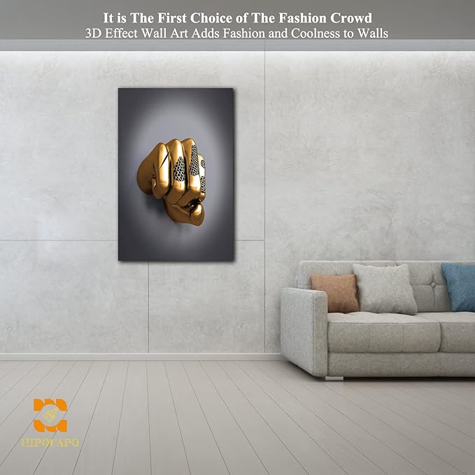 3D Wall Art - Abstract 3D Metal Effect Canvas Wall Art, 3D Modern Wall Art for Office, Golden Boxer Gesture 3D Art Wall Decor for Modern Bedroom Decor Framed 28”x40”x1Pcs