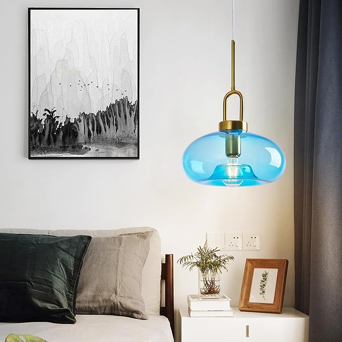 Light Blue Glass Pendant Lights Kitchen Island Gold Pendant Light Fixtures Adjustable Height Modern Pendant Lighting for Bedroom Dining Room (1-Pack)