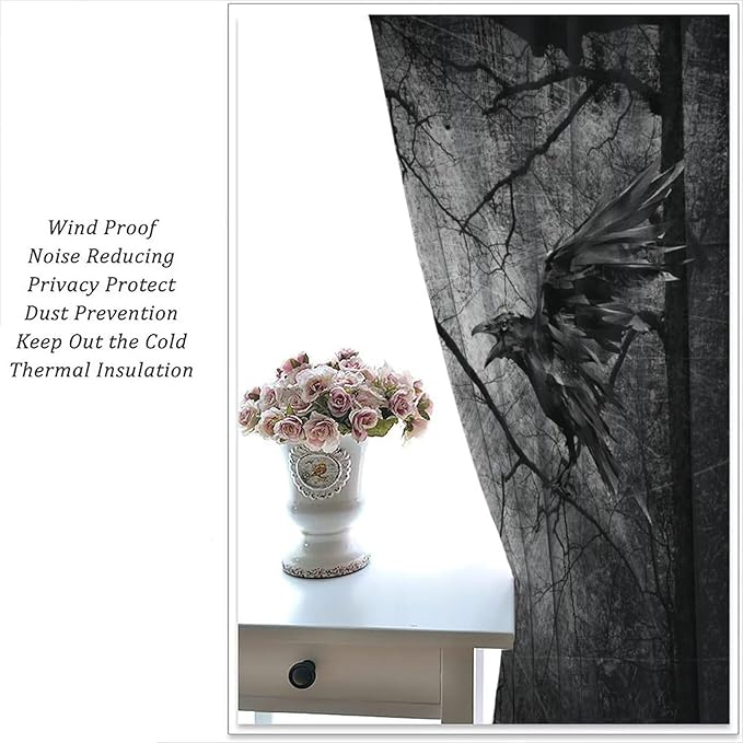 Gothic Crows Blackout Curtains, Black Forest Tree Spooky Foggy Mysterious Horror Theme Window Drapes, for Living Room Bedroom 21(W)*54(L) 2 Panels