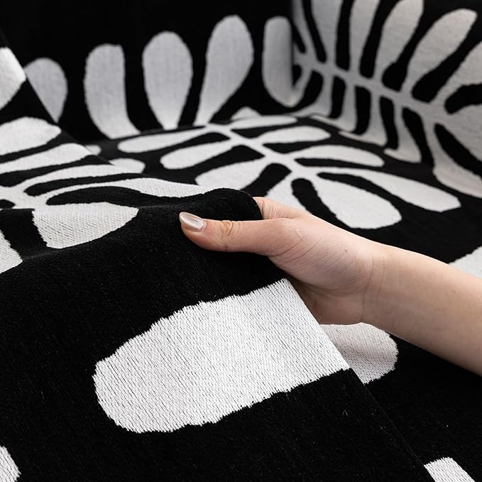 VClife Boho Couch Cover Soft Chenille Sofa Cover for Sofa Bed, 1 Piece XL Couch Covers for 3 Cushion Couch Sofa Washable White Black Jacquard Pattern Sofa Protector for Living Room 71''x134''