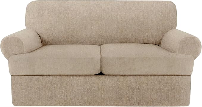 T Cushion Loveseat Slipcover 3 Pieces Sofa Covers for T Cushion Sofa Stretch Slip Covers for 2 Cushion Couch with 2 Individual T Shape Seat Covers (Island Fossi, 2 Cushion)