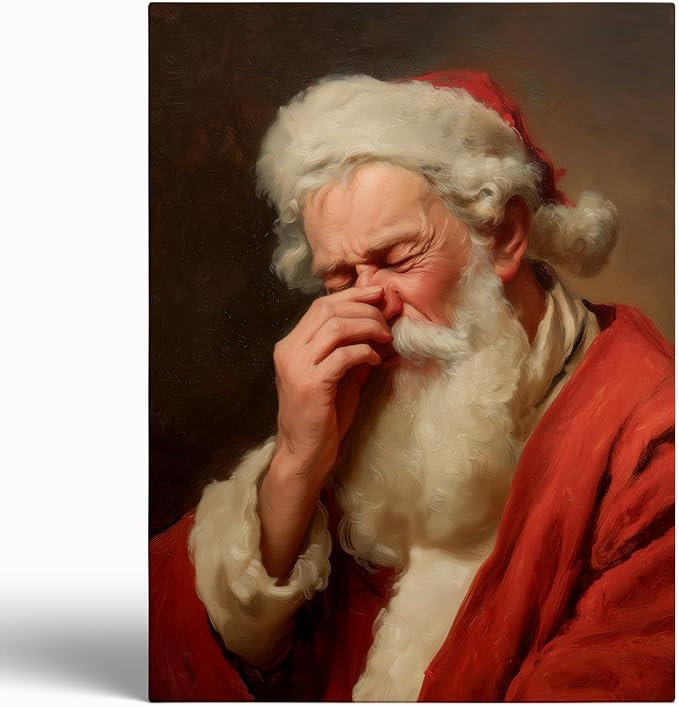 Funny Holiday Bathroom Print,Vintage Santa Plugging Nose Painting,Stinky Bathroom Wall Art,Santa Touching His Nose Prints