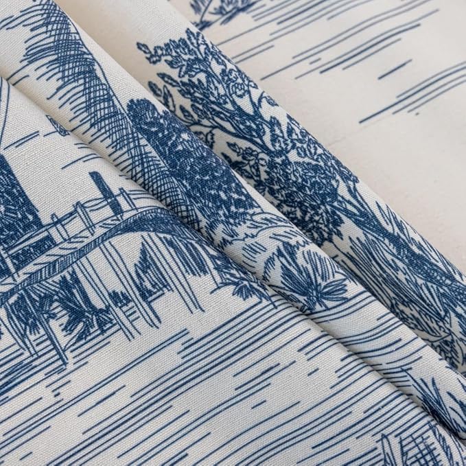 F-CHU Blue Victorian curtainsCurtains for Living Room 2 Panels Patterned Print Semi Blackout Farmhouse Modern Toile Pattern on Cream White Cotton Fabric Window Drapes for Bedroom 55" W x 90" L