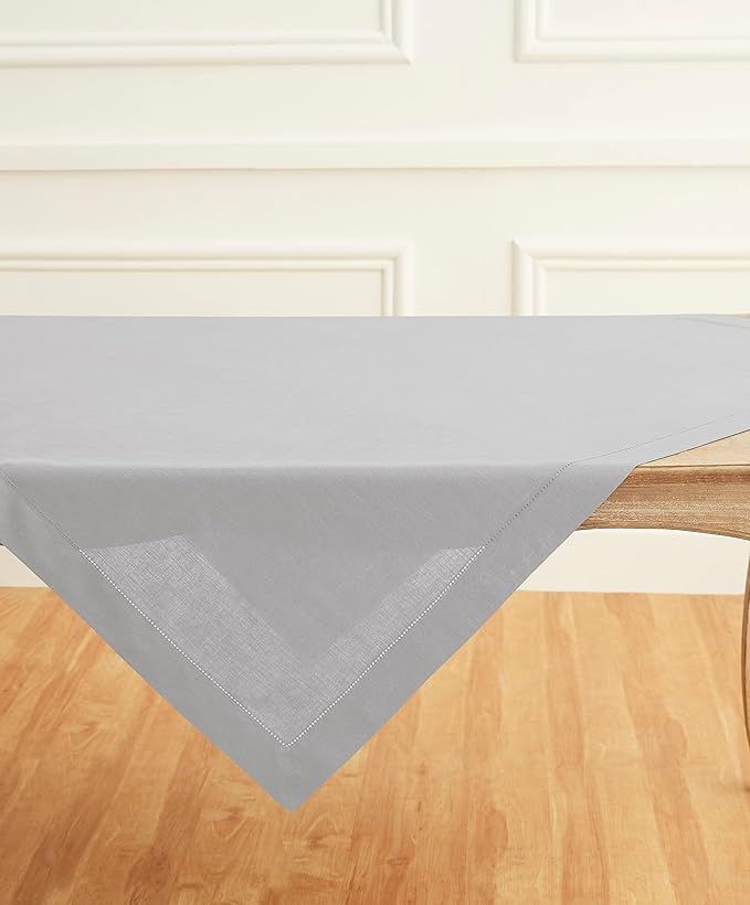 Solino Home Soft Grey Linen Tablecloth 52 x 52 Inch - 100% Pure Linen Square Table Throw - Classic Hemstitch, Machine Washable Table Cloth for Fall, Autumn, Thanksgiving, Christmas, Winter