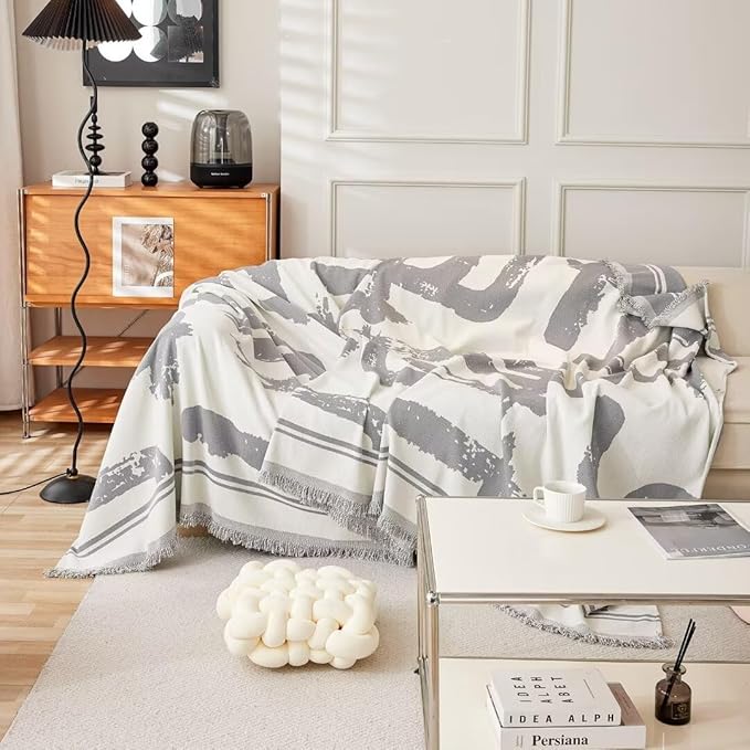 ROOMLIFE Grey Boho Stripped Couch Cover, Modern Abstract Couch Covers for 3 Cushion Couch Sofa Pet Friendly, Large Chenille Sofa Cover for Sectional Sofa Washable Dog Couch Cover Protector 71"*134"