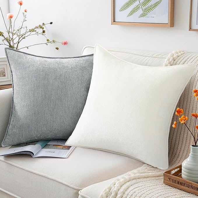 decorUhome Christmas Couch Throw Pillow Covers 20x20 Set of 2, Decorative Soft Euro Velvet Neutral Chenille Pillow Covers with Elegant Design for Sofa Bed Living Room Home Decor, Ultimate Gray