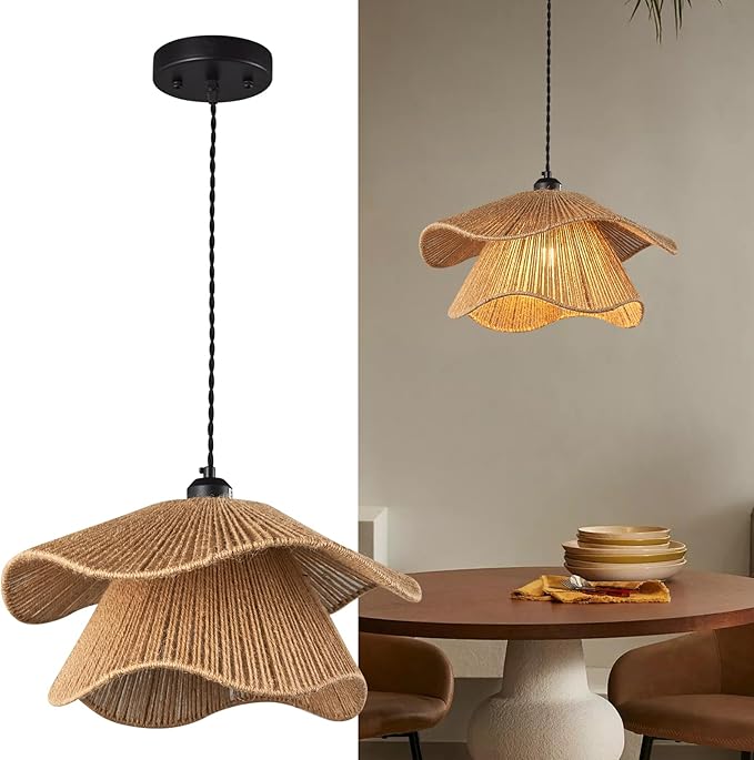 Farmhouse Hand-Woven Rattan Pendant Light Fixture Bohemian Chandelier Woven Wicker Pendant Lighting for Kitchen Island, Dining Room, Bedroom Room,Hallway