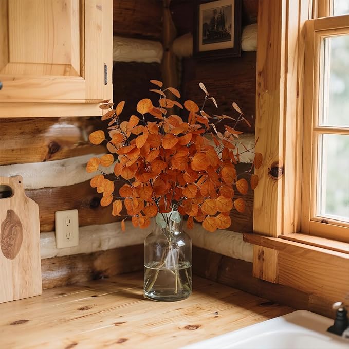 4PCS 24" Burnt Orange Fall Eucalyptus Stems Artificial Eucalyptus Leaves for Autumn Vase Decoration, Rustic Thanksgiving Centerpiece & Christmas Home Decor
