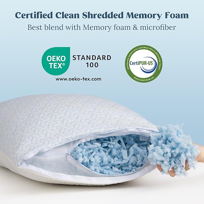 puredown® Shredded Memory Foam Pillows,Cooling Pillows Queen Size,Adjustable Firm Bed Pillow for Sleeping with Zipper Removable Pillow Cover,1 Pack,20x30In