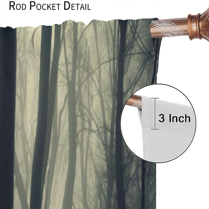 Gothic Forest Blackout Curtains, Nature Tree Scenery Foggy Woodland Landscape Art Printed Window Drapes, for Living Room Bedroom 21(W)*63(L) 2 Panels