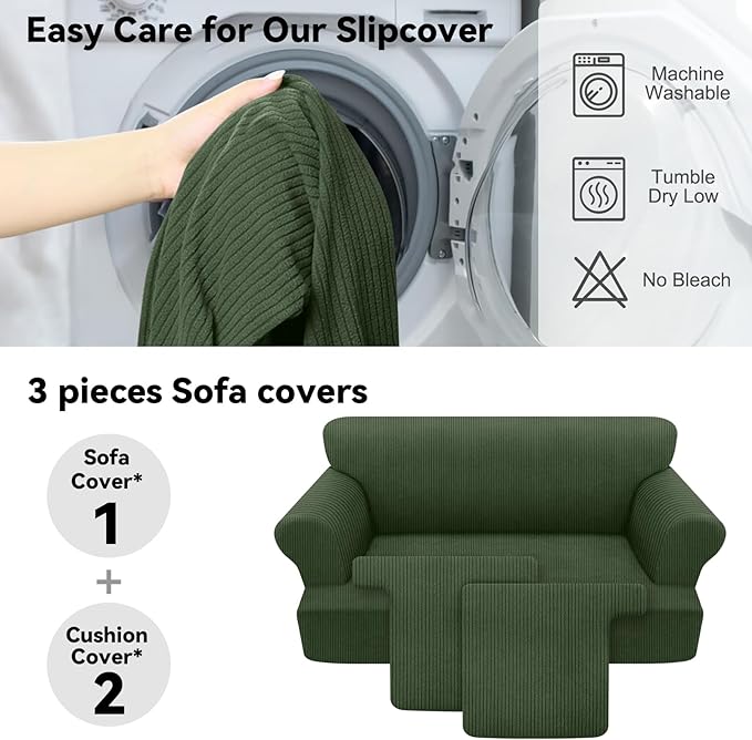 Waterproof Loveseat Cover 3-Piece Set Striped Slipcover for 2 Separate T Cushion Couch - TPU Fabric 2-Seater Sofa Covers Leakproof Couch Protector for Kids, Pets(Loveseat, Military Green)
