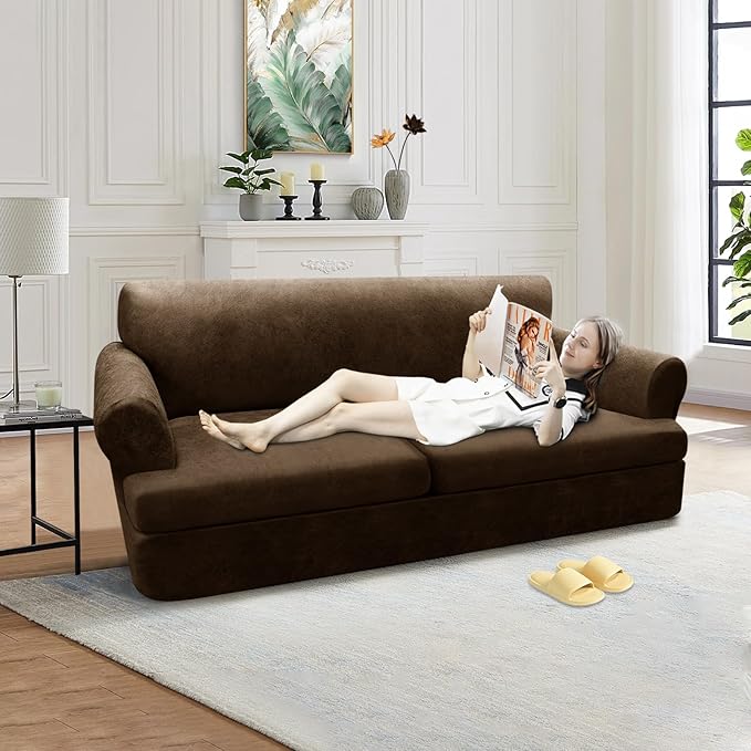 3-Pieces T Cushion Loveseat Slipcovers Leather Look Couch Cover Loveseat Covers for 2 Cushion Couch Furniture Protector Stretch Sofa Cover with 2 Individual T Cushion Seat Covers, Dark Brown
