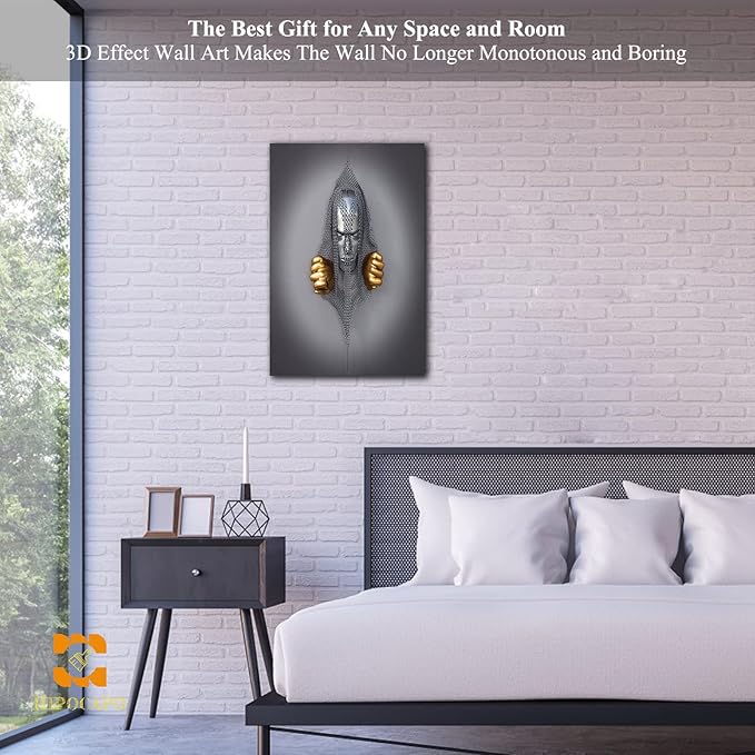 HIPOCAPO 3D Metal Effect Wall Art - Decor Artwork Silver Figure Statue Modern Canvas Painting, Framed Gold for Living Room 12''x18''x1Pcs 3d Art-18