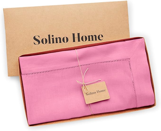 Solino Home Linen Tablecloth for Rectangle Tables 60 x 90 Inch - Classic Hemstitch 100% Pure Linen Flamingo Pink Table Cloth - Machine Washable Cloth Tablecloth