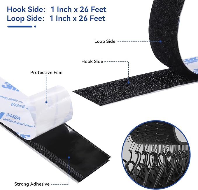 26Feet Hook and Loop Tape Sticky Back Fastener Roll, Nylon Self Adhesive Heavy Duty Strips Fastener for Home Office School Car and Crafting Organization (1, Black-3m, 26ft x 1in)