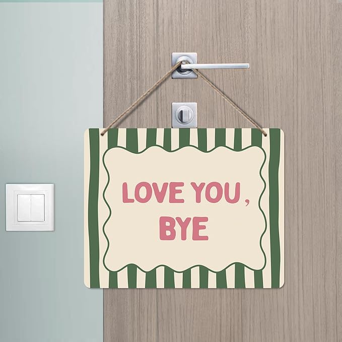 Udinaz Love You Bye Hanging Sign, Girls Room Wall Decor, Trendy Preppy Green Striped Aesthetic Hanging Wood Plaque Decor for Girly Bedroom Dorm Apartment Wall Door Decorations