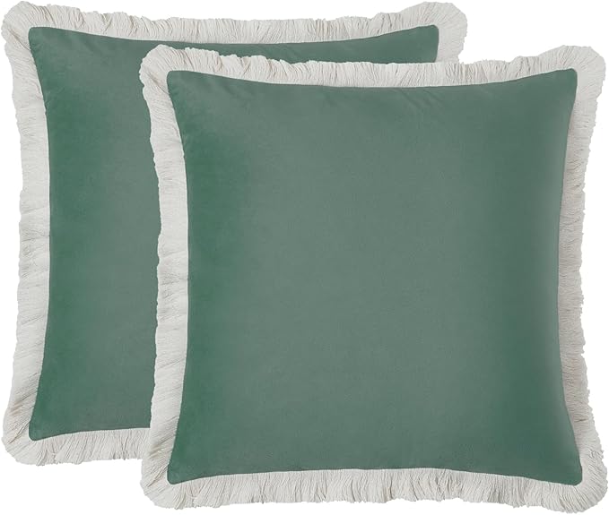 MONDAY MOOSE Decorative Throw Pillow Covers Cushion Cases, Set of 2 Soft Velvet Modern Fringe Tassel Designs, Mix and Match for Home Decor, Pillow Inserts Not Included (Sea Green, 20x20 inch)
