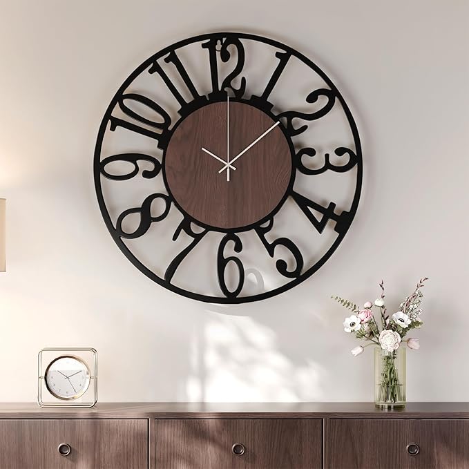 Cuspin 24 inch Large Wall Clock for Living Room Decor, Decorative Metal and Wood Wall Clock Battery Operated Silent Non Ticking, Modern Farmhouse Black Round Big Clocks -Arabic Numerals