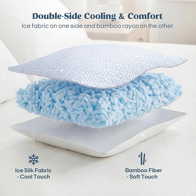 puredown® Cooling Shredded Memory Foam Pillows Standard Size Set of 2,Adjustable Foams Bed Pillow for Sleeping with Zipper Removable Pillow Cover，20x26In