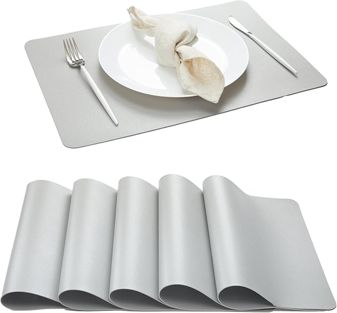 DOLOPL Faux Leather Placemats Set of 6, Heat Resistant Table mats - Anti Slip Table Place Mats, Washable Wipeable Outdoor Placemats for Kitchen Dining Room Table Decorations, Light Gray
