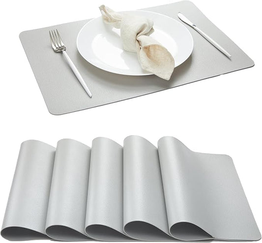 DOLOPL Faux Leather Placemats Set of 6, Heat Resistant Table mats - Anti Slip Table Place Mats, Washable Wipeable Outdoor Placemats for Kitchen Dining Room Table Decorations, Light Gray