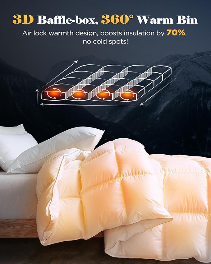 3D Baffle Box Real Down Comforter, 750 Fill-Power Ultra-Soft Down Duvet Insert, All Season Feathers Down California King Comforter, Medium Warm Bed Comforters, Fluffy and Cozy, 8 Corner Tabs