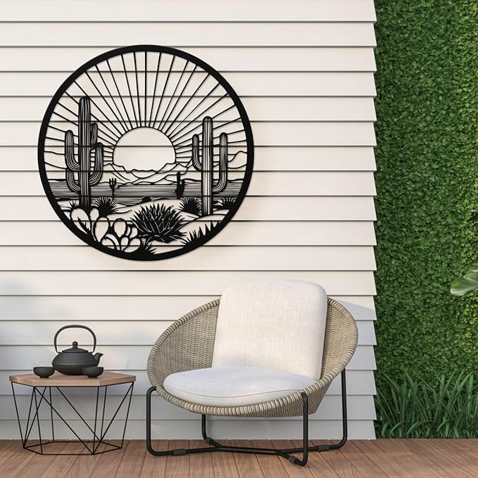 Desert Cactus Metal Wall Art, Round Desert Wall Decor with Cactus and Sunset Design, Metal Wall Art for Living Room Bedroom Entryway, Western Outdoor Cactus Decor (Black, 47" x 47" / 120 x 120 cm)