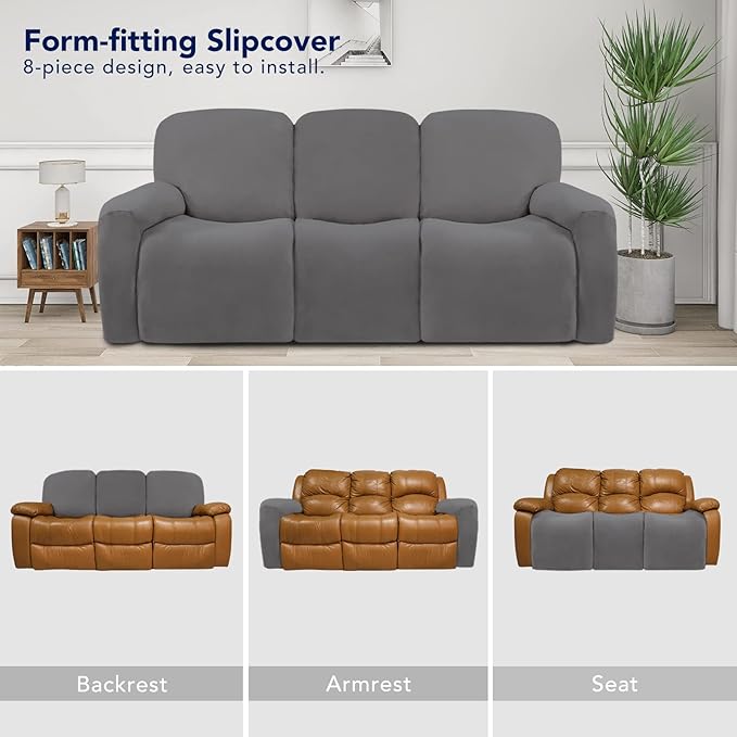 PureFit Super Stretch 3 Seats Recliner Chair Sofa Couch Cover with Pocket – Non Slip Soft Sofa Slipcover, Washable Spandex Reclining Furniture Protector for Kids, Pets (Recliner Sofa, Light Gray)