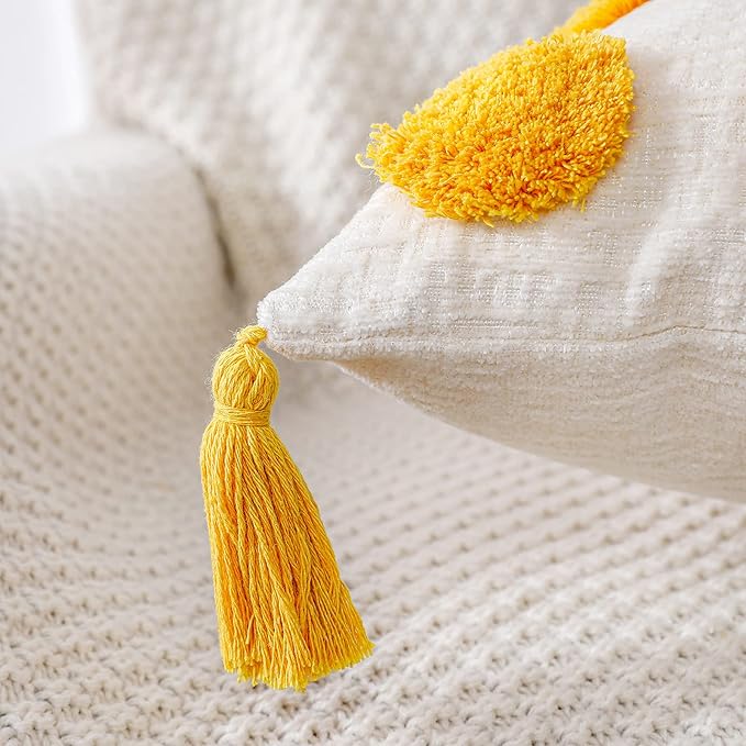 PANOD Super Soft Farmhouse Decorative Plush Throw Pillow Covers 24 x 24 Yellow,Solid Pom pom Tufted with Tassels Modern Accent Boho Square Cushion Cover Pillow Case for Couch Sofa