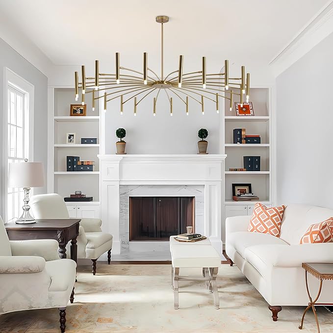 KCO Lighting Mid Century Modern Gold Sputnik Chandelier 24-Light Antique Brushed Brass Large LED Chandeliers Farmhouse Hanging Semi Flush Mount Ceiling Light Kitchen Island Dining Pendant Lights
