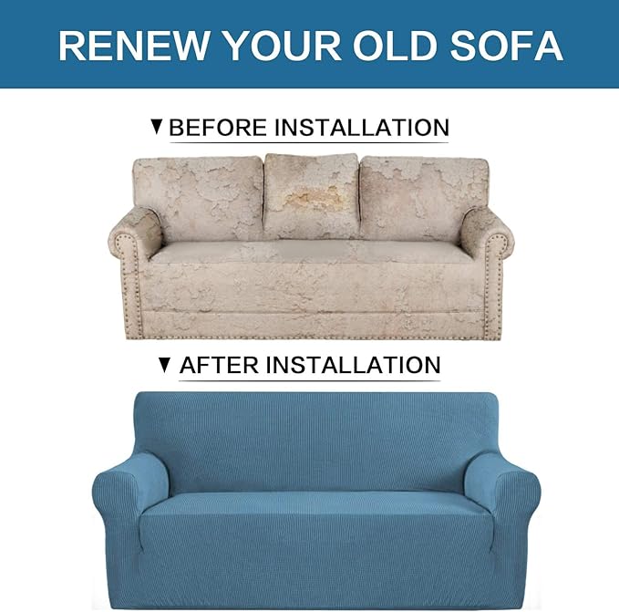 H.VERSAILTEX Stretch Oversized Sofa Cover 1 Piece Sofa Slipcovers for Living Room Fitted Couch Covers for Sofa Feature Thick Checked Jacquard Fabric with Elastic Bottom, Sofa X-Large - Dusty Blue