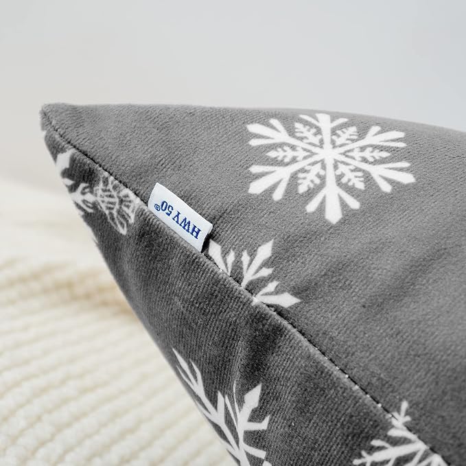 HWY 50 Grey Gray Decorative Throw Pillow Covers 16x16 Inch for Couch Sofa Living Room Bed, Soft Christmas Big and Small Snowflakes Print Throw Pillows Cases Set Cushion Cover Pack of 2