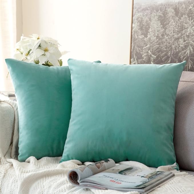 MIULEE Pack of 2 Velvet Soft Solid Decorative Square Throw Pillow Covers Set Cushion Case for Spring Sofa Bedroom Car 16x16 Inch 40x40 Cm Aqua Green