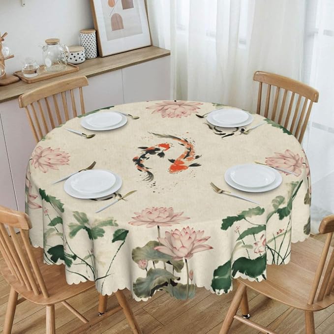 Chinese Tablecloth, Traditoanl Landscape Lotus Floral Oriental Koi Vintage Ink Painting Japanese Water Resisitant Table Cover for Dining Kitchen Living Room Home Party Holiday Decor 60 inch Round