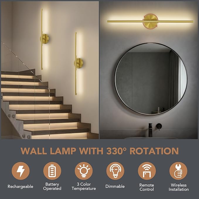 TONYFUL Battery Operated Wall Sconce Set of Two, Rechargeable Wall Lamp with 6000mAh Dimmable Bulbs and Remote, 3000K-6500K LED Wireless Wall Lights for Bedroom, Living Room, Hallway Decor, Background