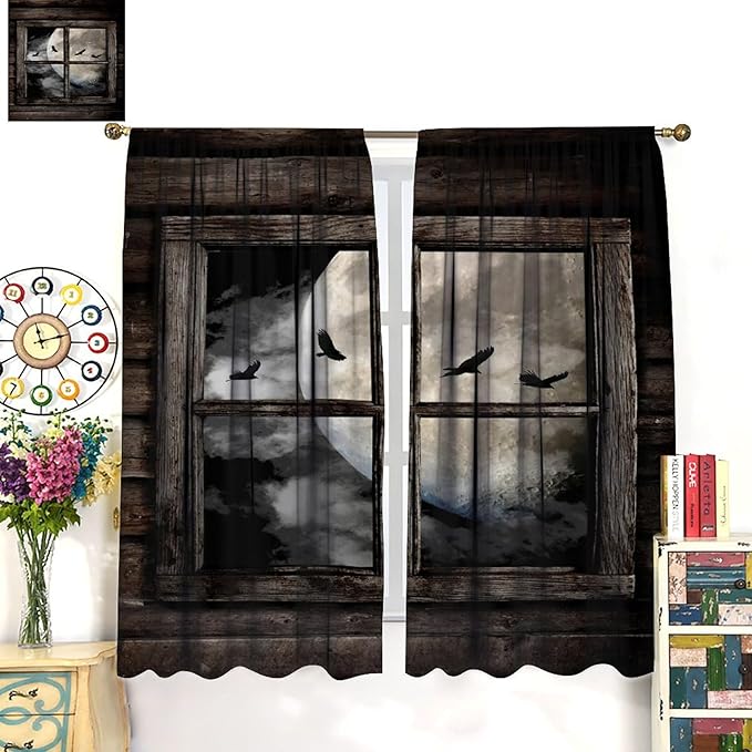 Gothic Halloween Blackout Window Curtains, Black Birds Crow Dark Print Window Drapes, for Home Kids Boys Bedroom Living Room 36(W)*63(L) 2 Panels